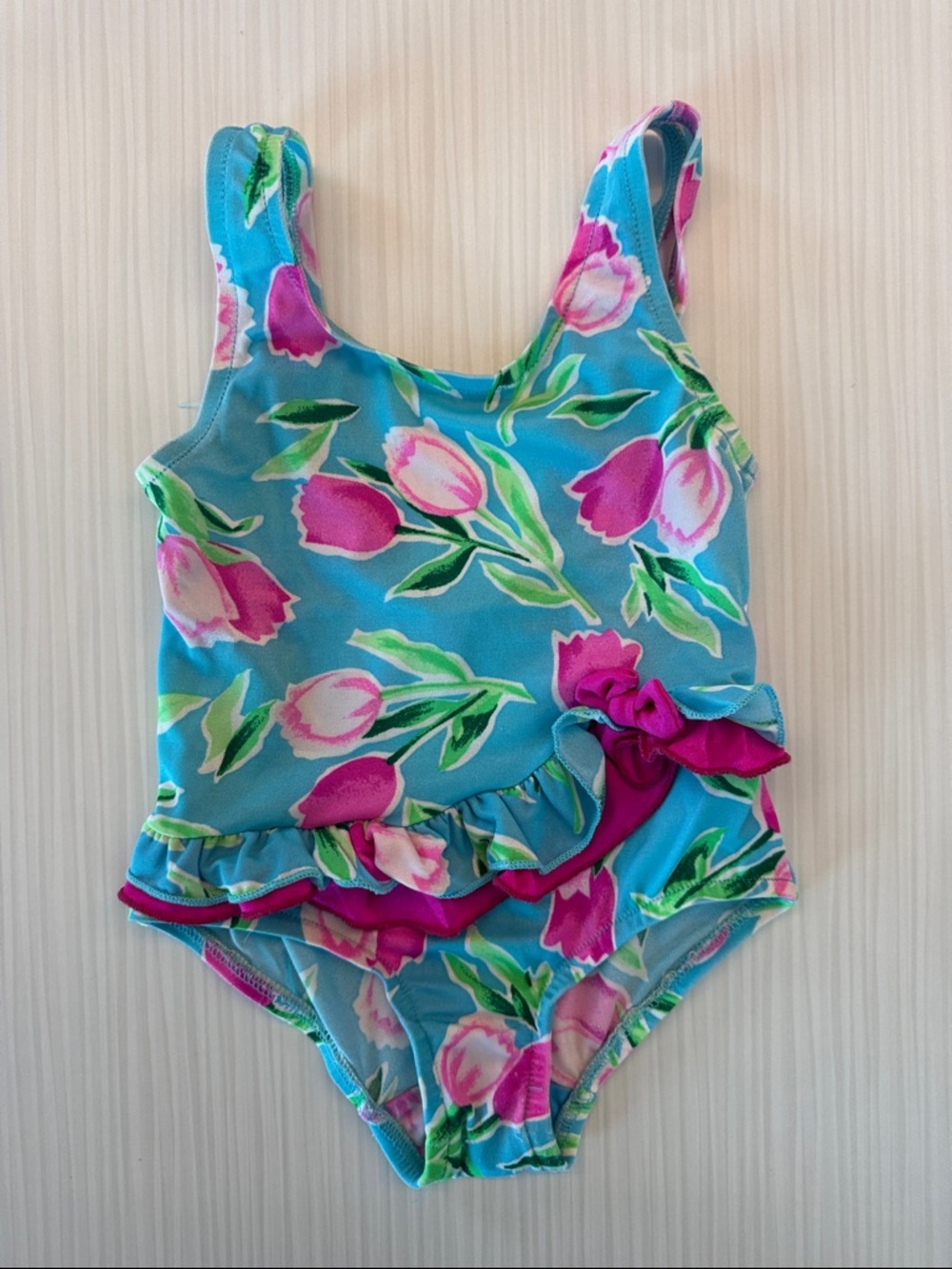 Vintage Floral One-Piece Swimsuit with Pink Tulips 12-18m
